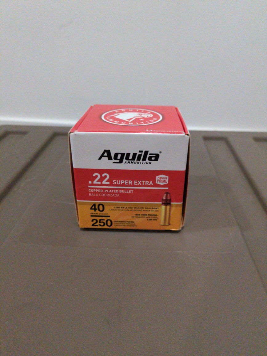 Aguila Ammunition .22 Super Extra 40 Grain High Velocity 250 Cartridges Box. I have 4 boxes total at $15 each.