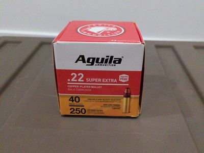 Aguila Ammunition .22 Super Extra 40 Grain High Velocity 250 Cartridges Box. I have 4 boxes total at $15 each.