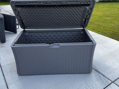 Large Gray Wicker-Style Outdoor Storage Deck Box, Weather-Resistant, Patio Organizer