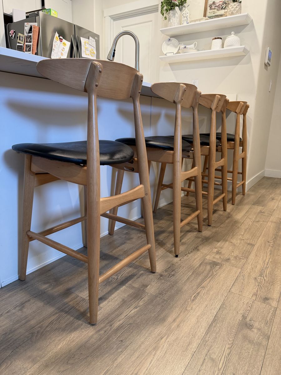 Set of 4 Wood & Black Faux Leather Counter Height Bar Stools - Mid-Century Style