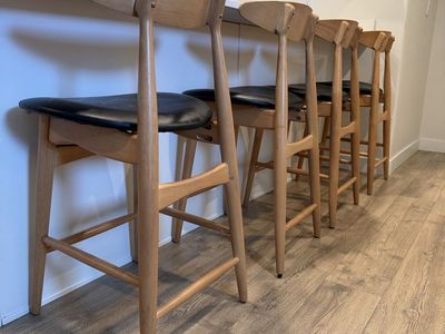 Set of 4 Wood & Black Faux Leather Counter Height Bar Stools - Mid-Century Style