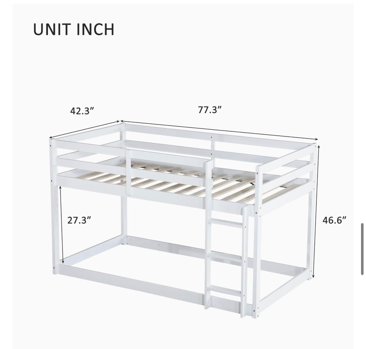 White Wood Twin Bunk Bed with Ladder - 77.3"L x 42.3"W x 46.6"H