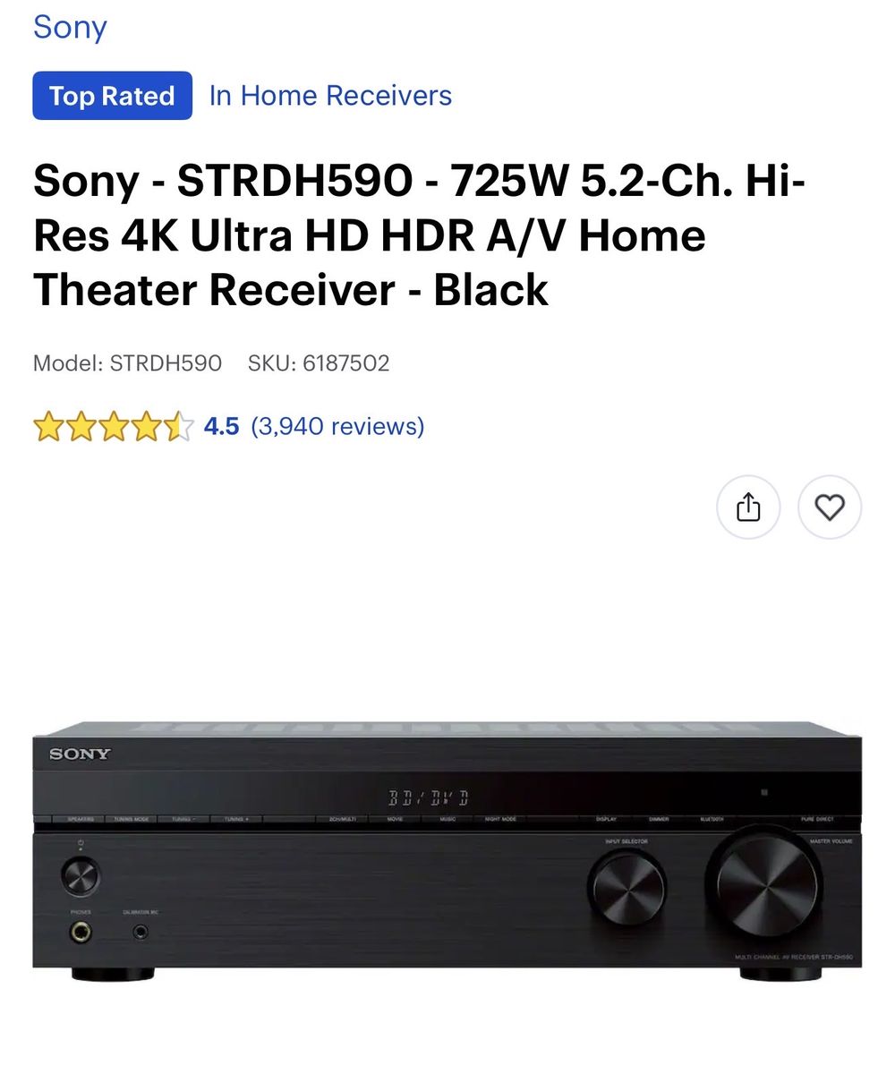 Sony STRDH590 725W 5.2-Ch. Hi-Res 4K Ultra HD HDR A/V Home Theater Receiver - Black