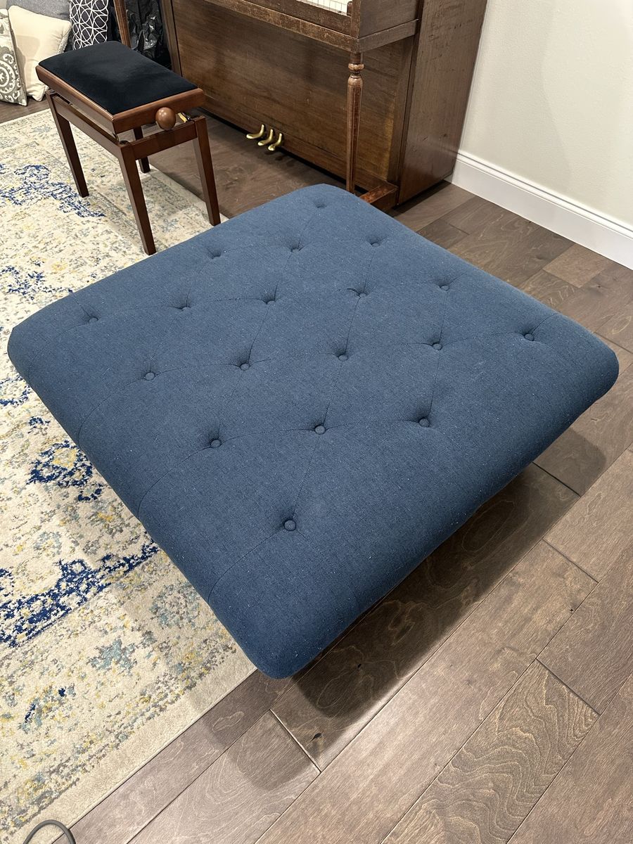 Large Navy Blue Tufted Ottoman - 39" Square with Black Legs, Used Good Condition