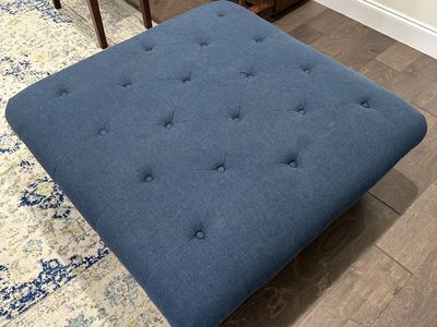Large Navy Blue Tufted Ottoman - 39" Square with Black Legs, Used Good Condition