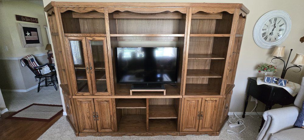 Large Wooden Entertainment Center & Wall Unit with Shelving