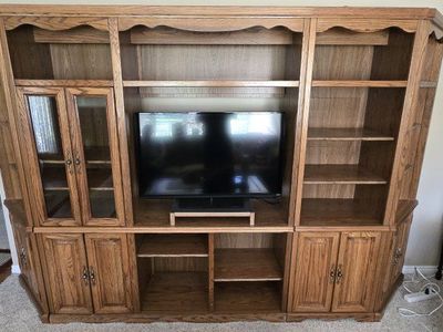 Large Wooden Entertainment Center & Wall Unit with Shelving