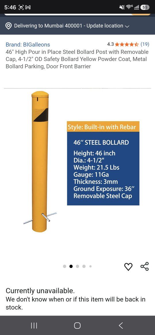 BIGalleons 46" Yellow Steel Bollard Post with Rebar - 4.5" OD, Removable Cap, 11Ga Thickness - retail 139.99