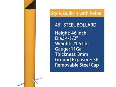 BIGalleons 46" Yellow Steel Bollard Post with Rebar - 4.5" OD, Removable Cap, 11Ga Thickness - retail 139.99