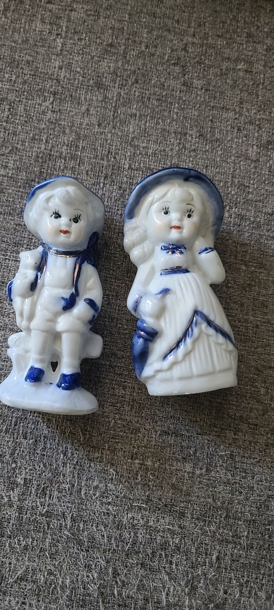 Vintage Porcelain Figures Boy with Bunny Rabbit Girl with umbrella Hand Painted