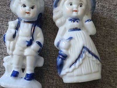 Vintage Porcelain Figures Boy with Bunny Rabbit Girl with umbrella Hand Painted
