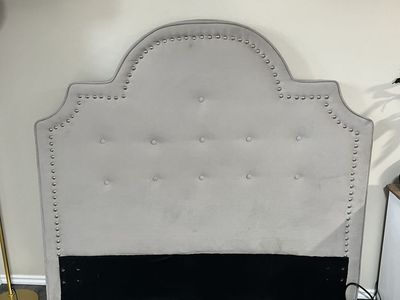 Gray Upholstered Velvet Headboard with Nailhead Trim and Tufted Details