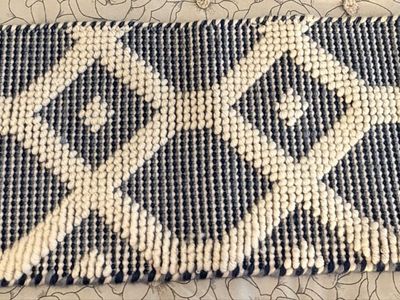 New. Handmade. 12x43 Blue & White Geometric Diamond Pattern Woven Accent Rug - Excellent Comdition