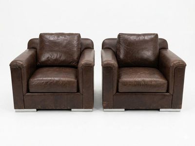 Pair of DIRECTIONAL Leather Club Chairs with Chrome Plinth Bases – Postmodern / MCM - Vintage
