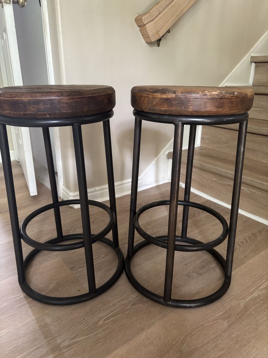 Industrial Style Bar Stools - Set of 2, Wood Top & Metal Frame