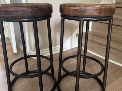 Industrial Style Bar Stools - Set of 2, Wood Top & Metal Frame