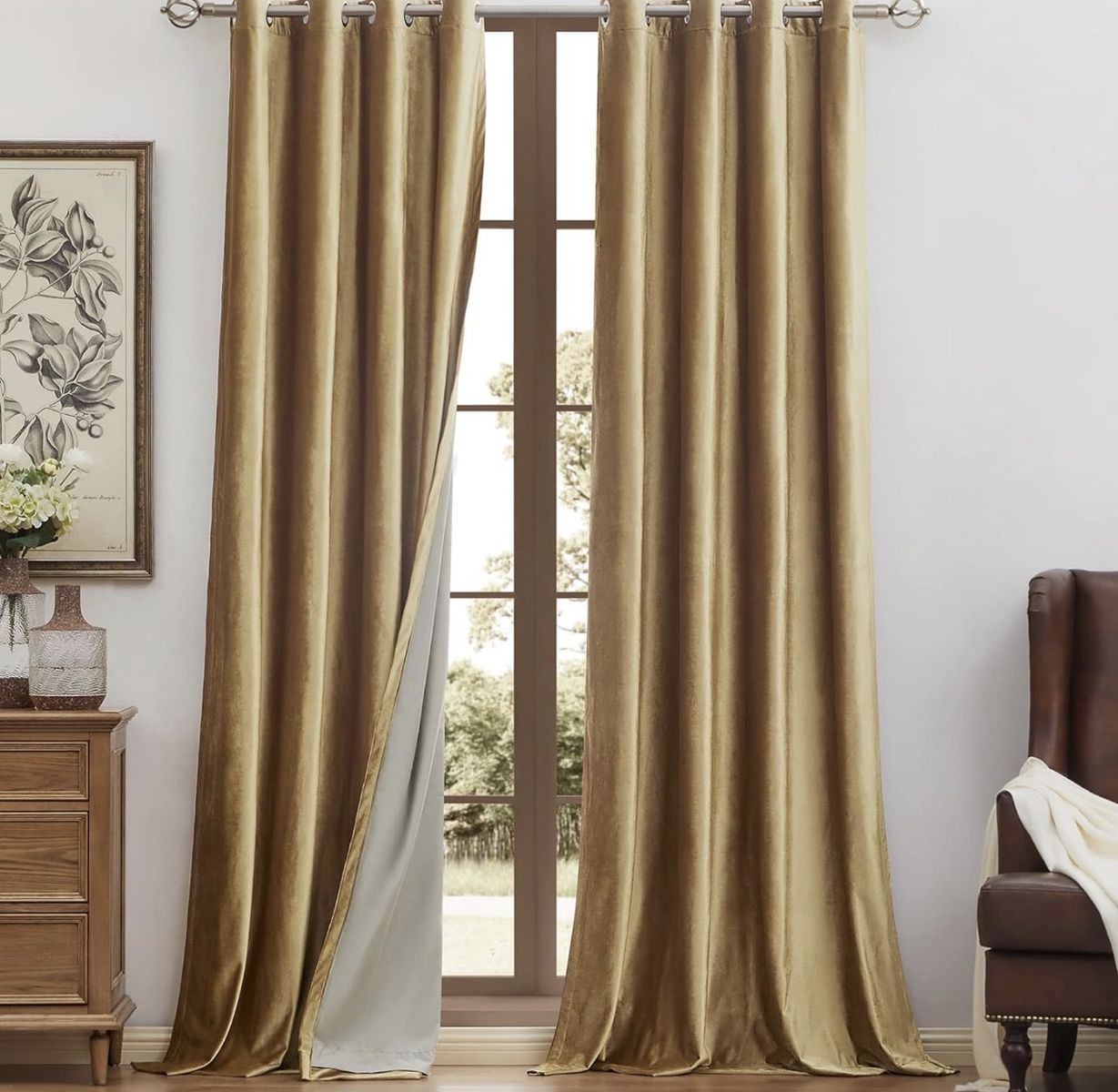 New. 2 Blackout Velvet Window Curtains Gold 96 inch Long