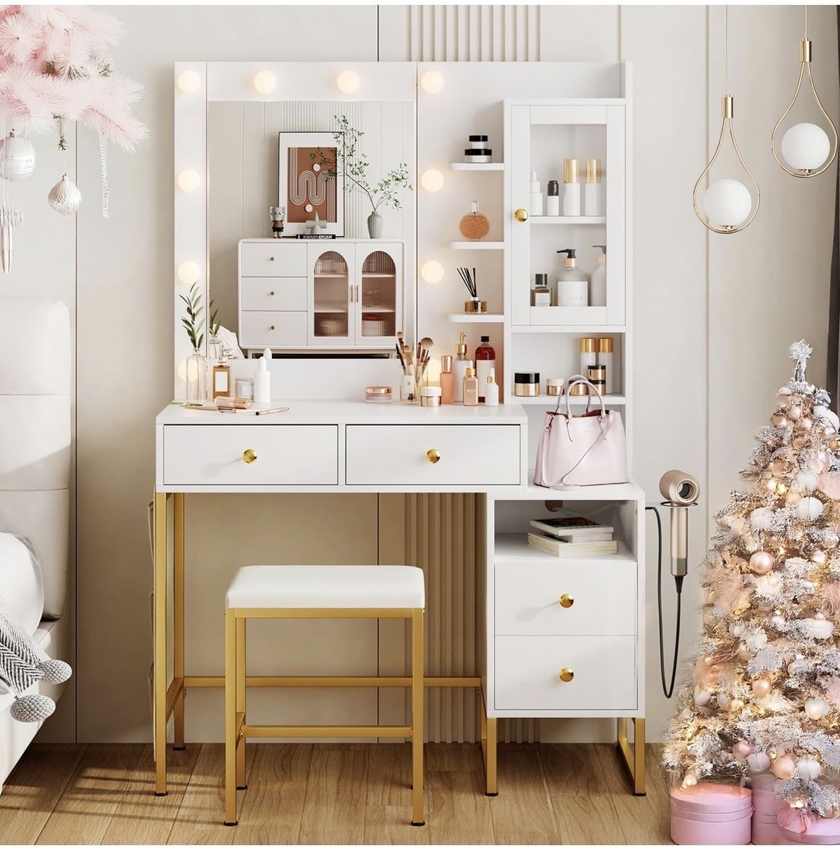 Modern Vanity Desk with Lights + Stool (New)