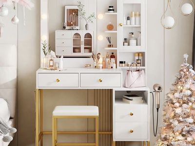 Modern Vanity Desk with Lights + Stool (New)