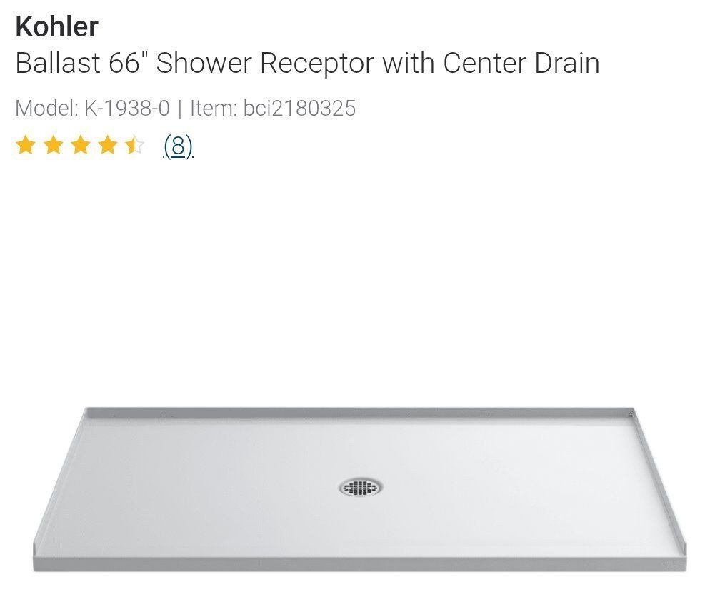 New $1100 Kohler 66" x 36" Shower Base with Center Drain