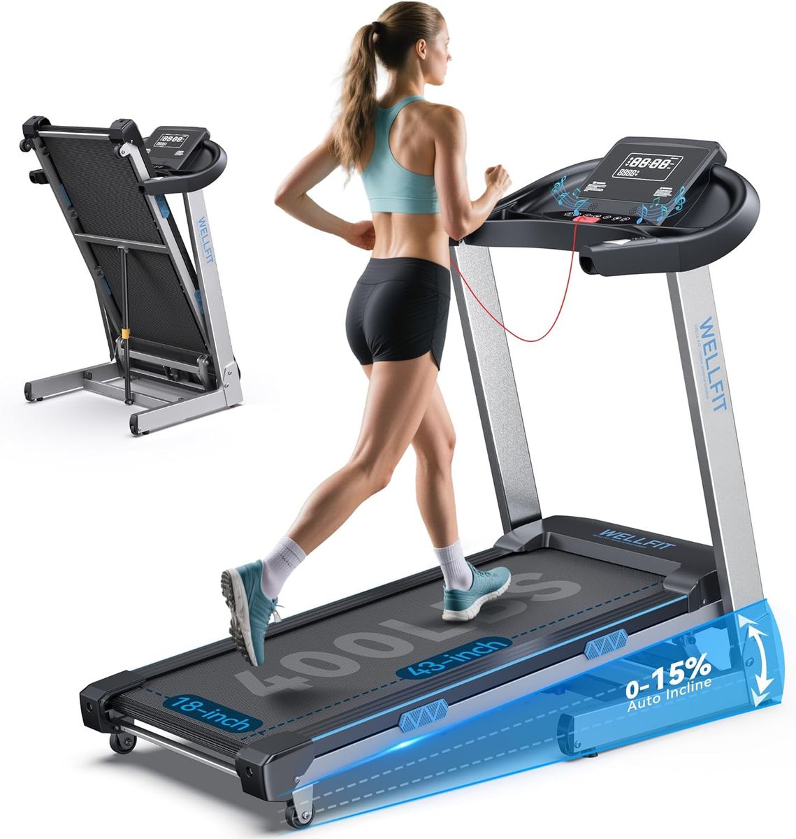WELLFIT Treadmill 15% Auto Incline, 400lbs
