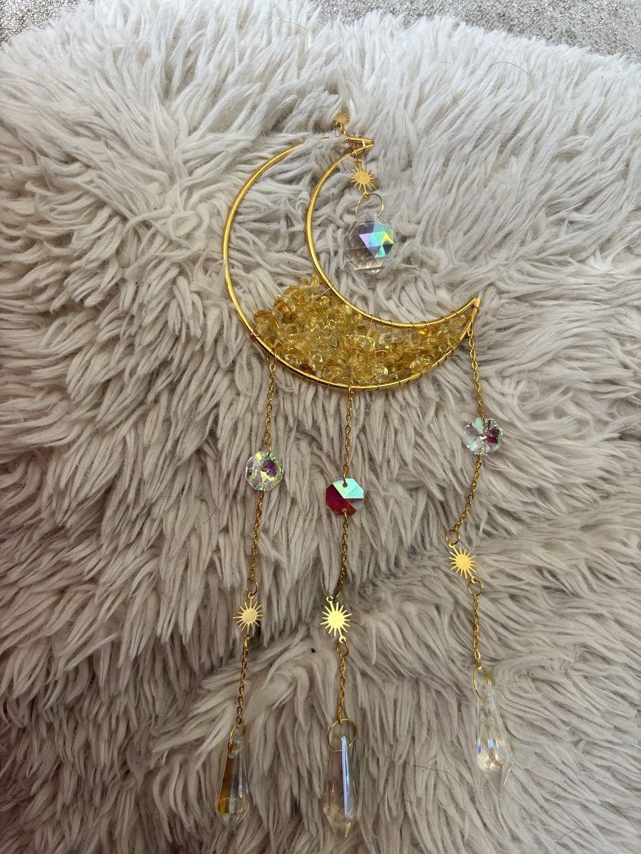 Crescent Moon Sun Catcher with Citrine Crystals - Gold Finish