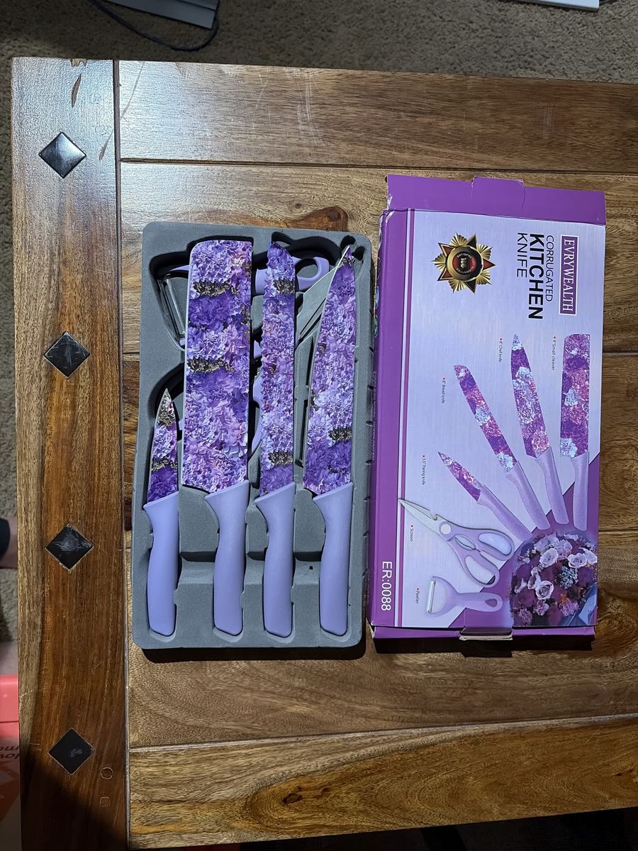 Evrywealth Corrugated Kitchen Knife Set ER:0088 - 5 Piece Purple Floral Design Georgous!!!!