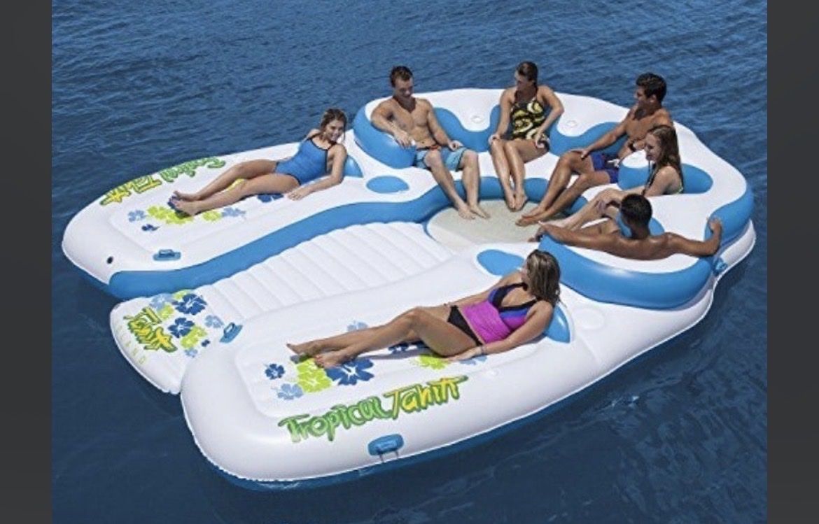 Inflatable Tropical Tahiti Floating Island Lake River Raft Lounge with Seats and Cupholders, 7 Person