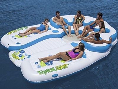 Inflatable Tropical Tahiti Floating Island Lake River Raft Lounge with Seats and Cupholders, 7 Person