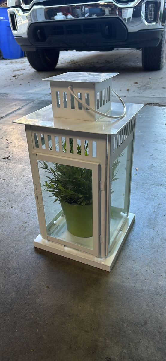 White Metal Decorative Lantern with Glass Panels - Indoor/Outdoor Decor