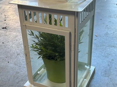 White Metal Decorative Lantern with Glass Panels - Indoor/Outdoor Decor
