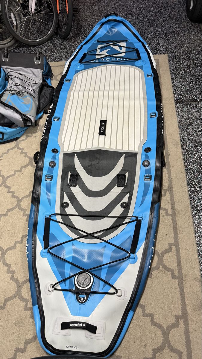 Blackfin Model X Inflatable Paddle Board Blue/White with Rolling Bag