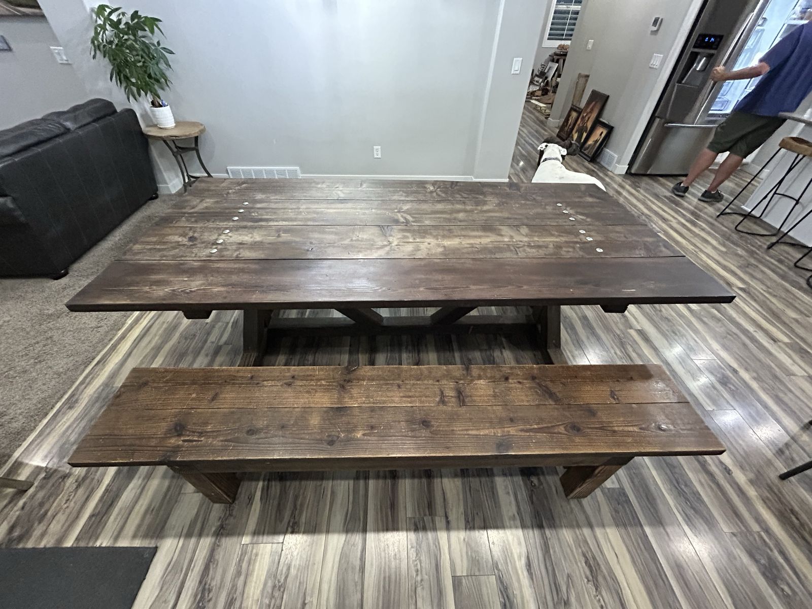 Handmade Rustic Wooden Dining Table and Bench Set - Dark Stain Farmhouse Style 8ft