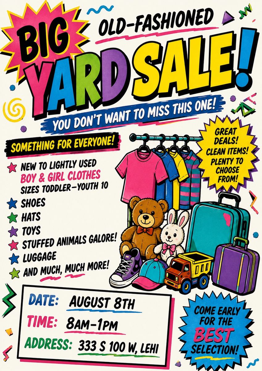 Back to School Yard Sale August 8th 8am-2pm 333 S 100 W, Lehi