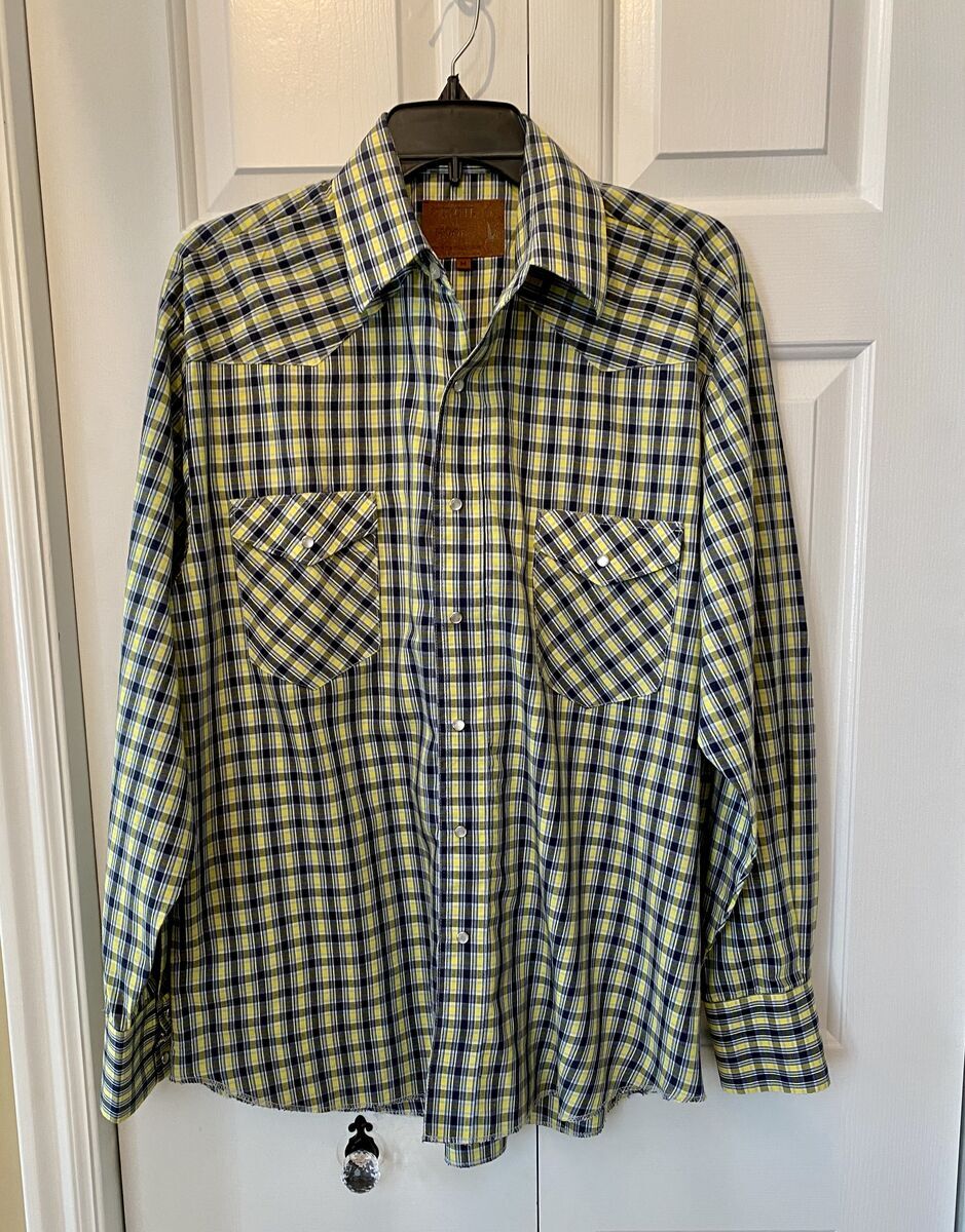 Like NEW- Mens Sz M Western Long Sleeve Shirt w/ Pearl Buttons - Yellow-Blue-White - Light Weight - C PIXS