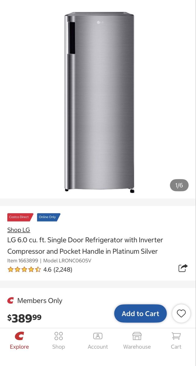 New LG 6.0 cu. ft. Single Door Refrigerator with Inverter Compressor and Pocket Handle in Platinum Silver 