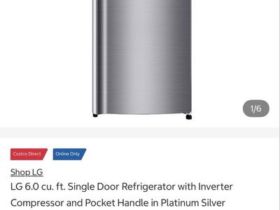 New LG 6.0 cu. ft. Single Door Refrigerator with Inverter Compressor and Pocket Handle in Platinum Silver
