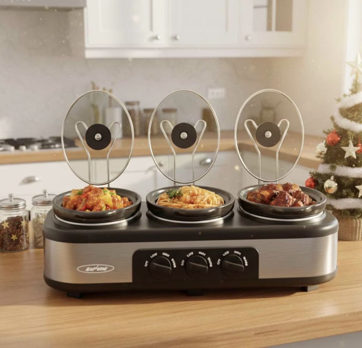 Heynemo Triple Slow Cooker with , 3 Pot 1.5 Quart Oval Crock Food Warmer Buffet Server, Stainless Steel, Silver