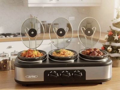 Heynemo Triple Slow Cooker with , 3 Pot 1.5 Quart Oval Crock Food Warmer Buffet Server, Stainless Steel, Silver