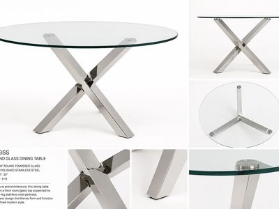 KREISS 60" Round Tempered Glass Dining Table with Polished Stainless Steel Base, Seats 4-6