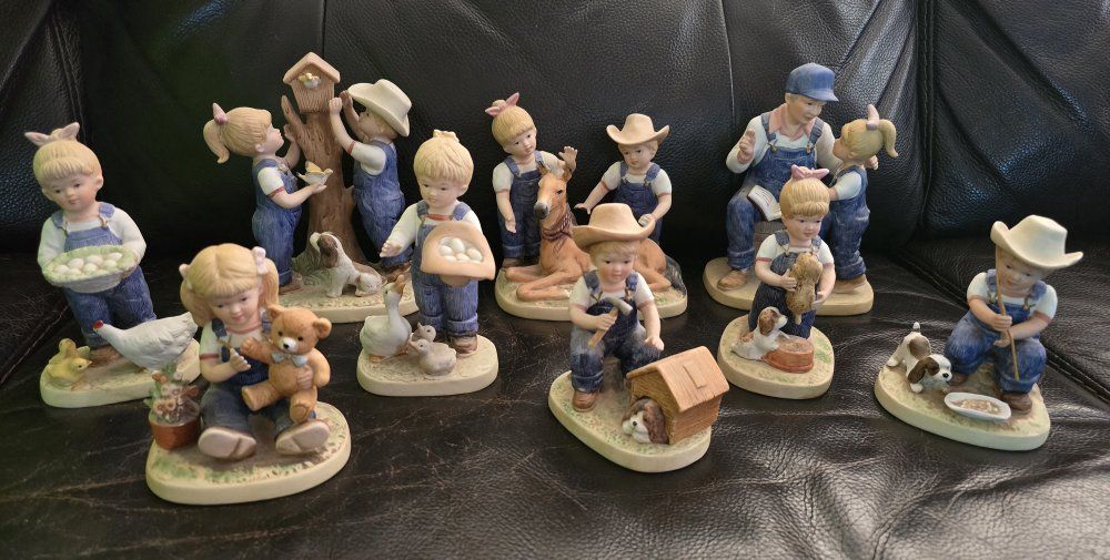 Vintage "Denim Days" Porcelain Children Figurines Lot - Farm & Country Overalls Theme (11 Pieces)