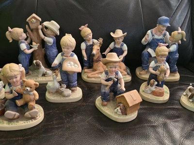 Vintage "Denim Days" Porcelain Children Figurines Lot - Farm & Country Overalls Theme (11 Pieces)