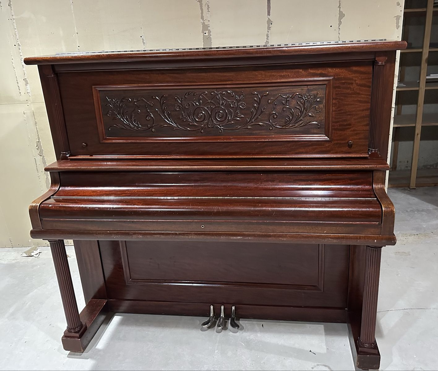 Krell Upright Piano - Dark Wood Finish, Carved Detail