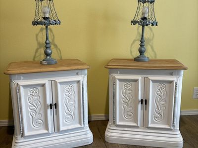 Pair of Vintage Style White Painted Wooden Nightstands with Carved Floral Doors and Matching Lamps