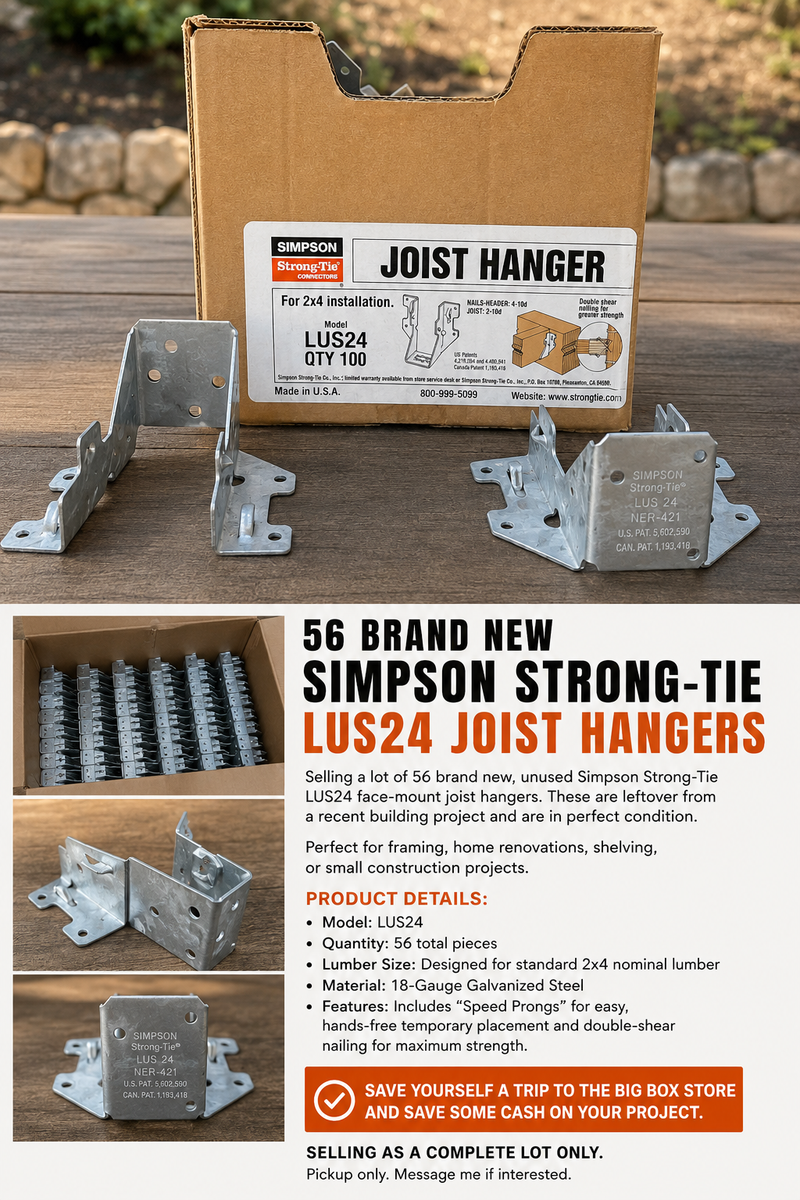 56 NEW Simpson Strong-Tie LUS24 2x4 Joist Hangers – 18-Gauge – Full Lot