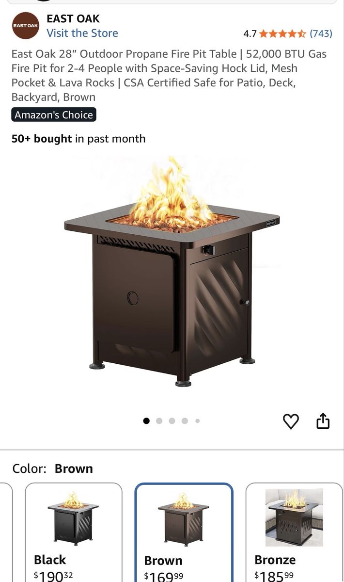 EAST OAK 28" Outdoor Propane Fire Pit Table, 52,000 BTU, Brown, with Lid & Lava Rocks