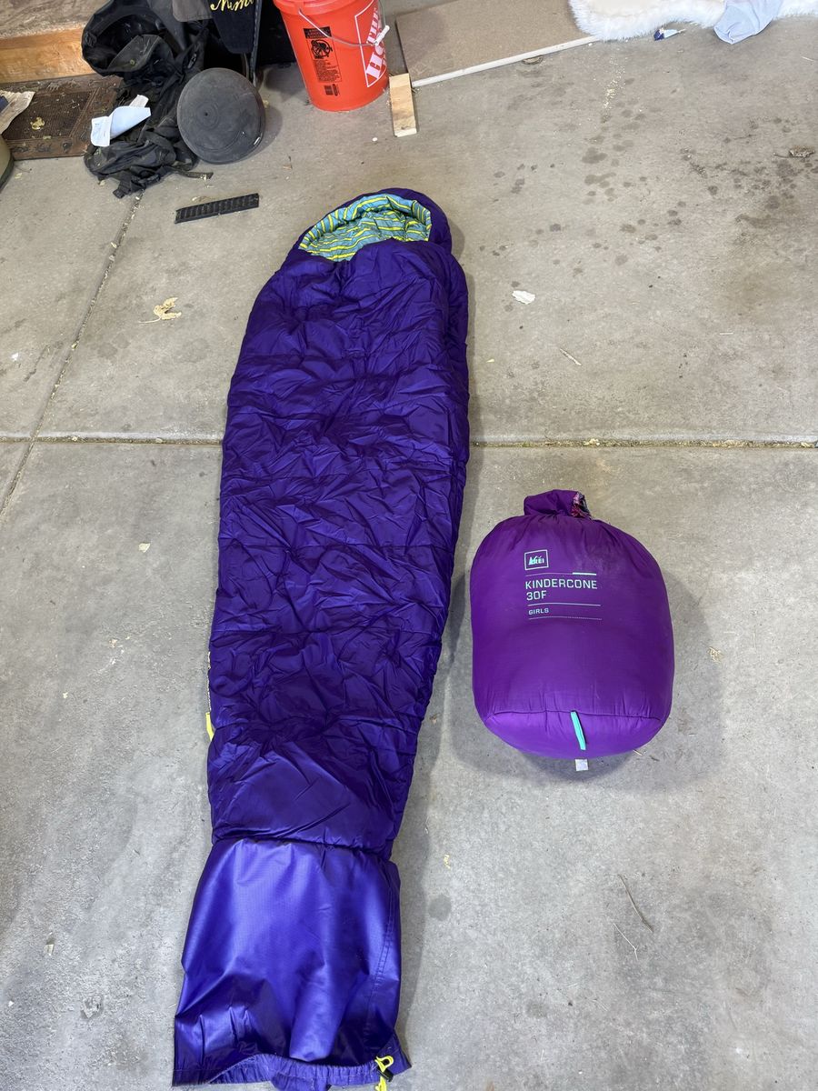 Two REI Kindercone 30F Girls Sleeping Bag Purple with Stuff Sack