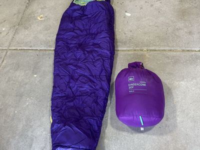 Two REI Kindercone 30F Girls Sleeping Bag Purple with Stuff Sack