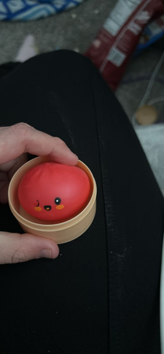 Kawaii Red Dumpling Stress Ball Fidget Toy in Steamer Basket Container