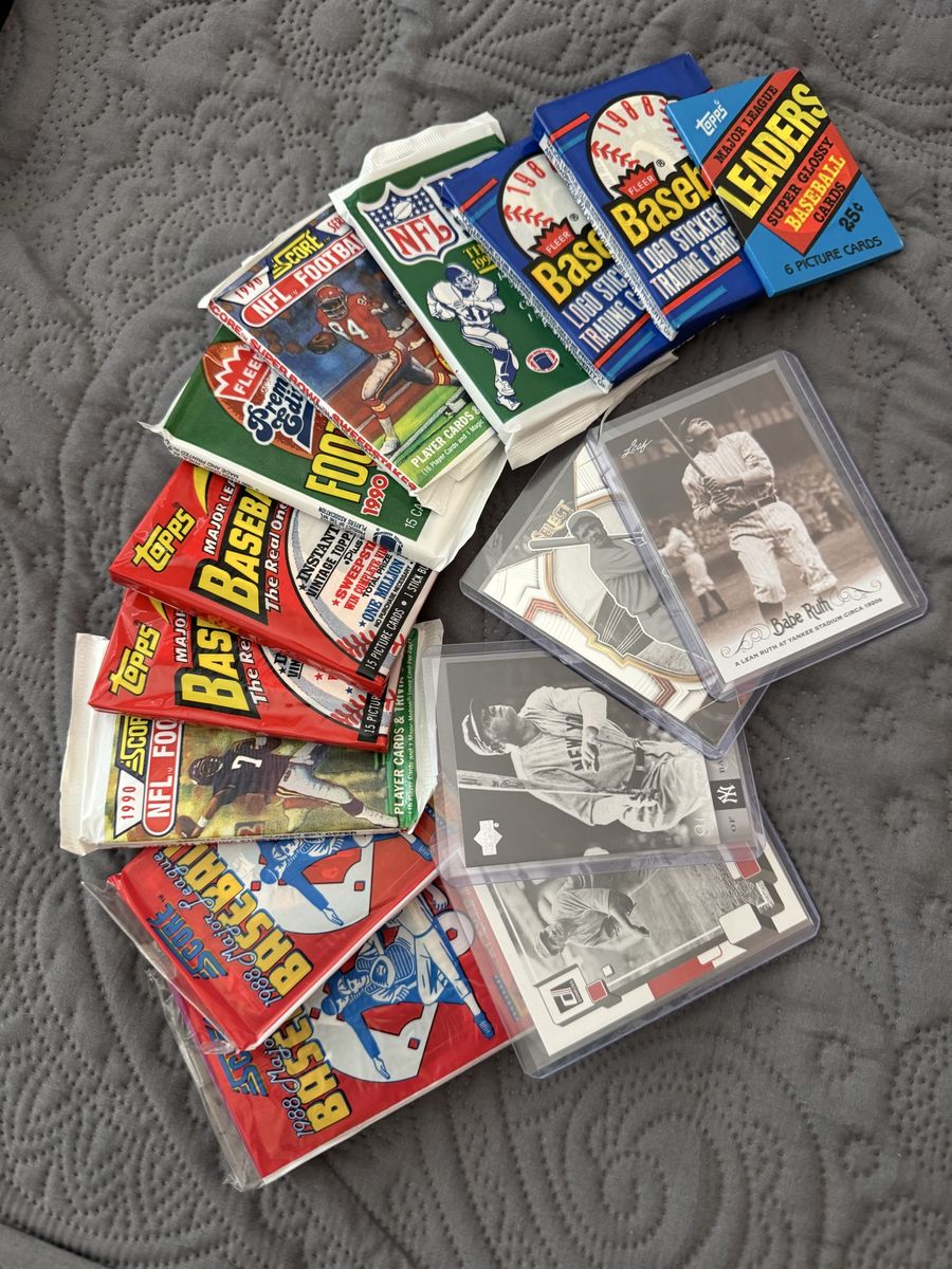 11 Unopened packs of Vintage Baseball & Football Trading Cards 1986 to 1991 + Babe Ruth Collection